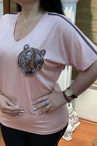 Großhandel Damenbluse mit V-Ausschnitt, Tiger-Detail, bestickt mit Kristallsteinen – 76577 | Kazee - Thumbnail