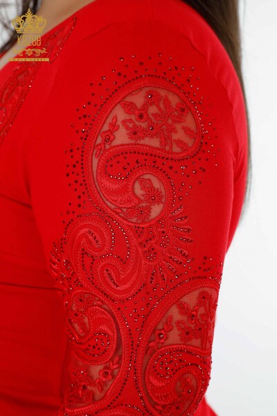 Großhandel Damen Bluse im – V-Ausschnitt – Kristall Steinbestickt – Tüll detailliert – 79008 | KAZEE - Thumbnail
