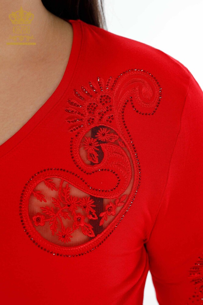 Großhandel Damen Bluse im – V-Ausschnitt – Kristall Steinbestickt – Tüll detailliert – 79008 | KAZEE - 29