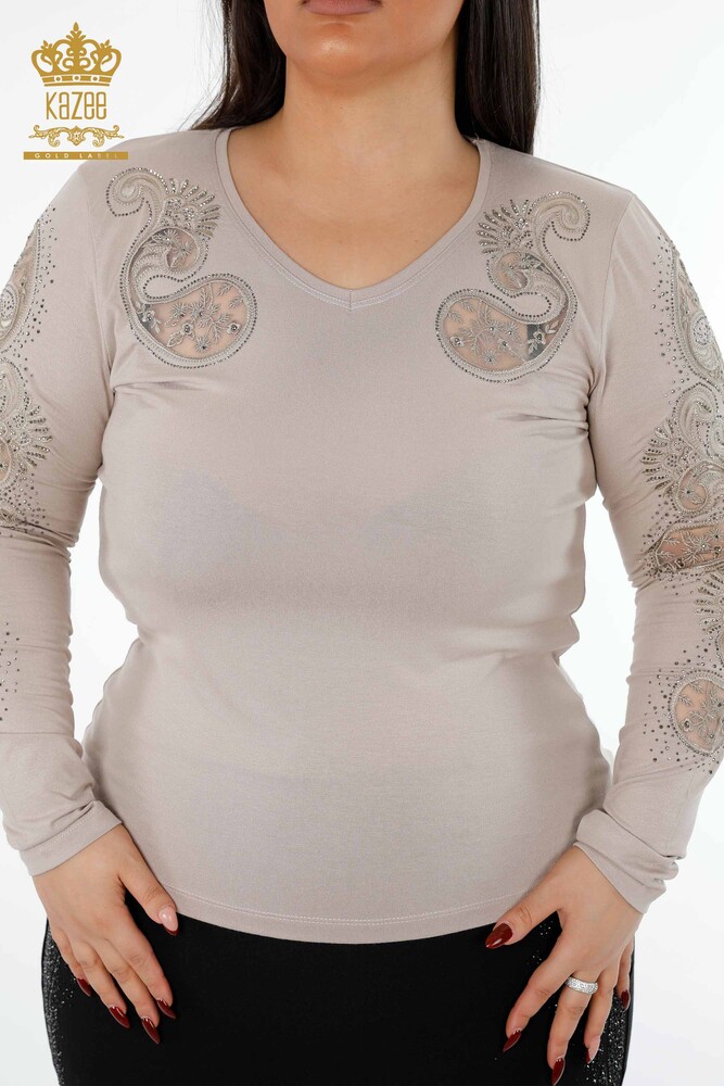 Großhandel Damen Bluse im – V-Ausschnitt – Kristall Steinbestickt – Tüll detailliert – 79008 | KAZEE - 36