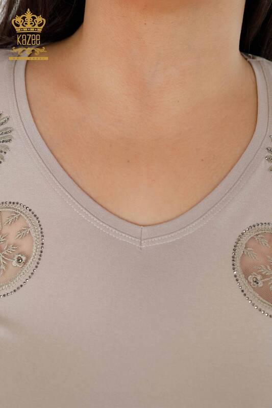 Großhandel Damen Bluse im – V-Ausschnitt – Kristall Steinbestickt – Tüll detailliert – 79008 | KAZEE