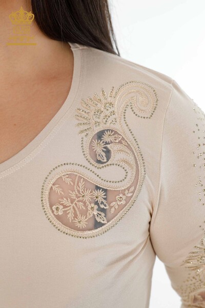 Großhandel Damen Bluse im – V-Ausschnitt – Kristall Steinbestickt – Tüll detailliert – 79008 | KAZEE - 46