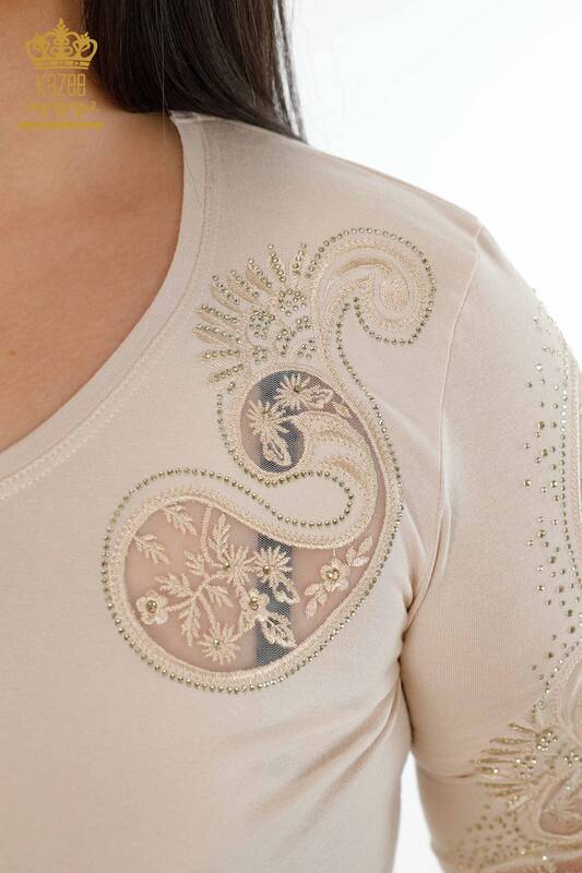Großhandel Damen Bluse im – V-Ausschnitt – Kristall Steinbestickt – Tüll detailliert – 79008 | KAZEE