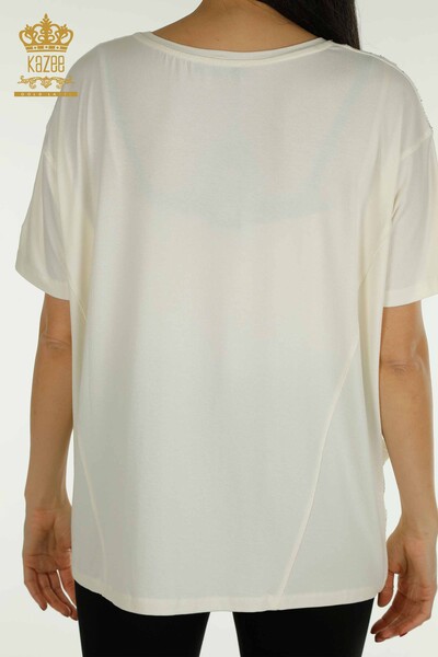 Großhandel Damen bluse - Zwei Taschen - Kurzarm - Ecru - 79293 | KAZEE - Thumbnail
