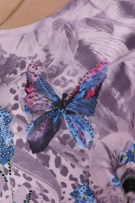 Großhandel Damenbluse - Buntes Schmetterlings- und Rosenmuster - 77803 | KAZEE
