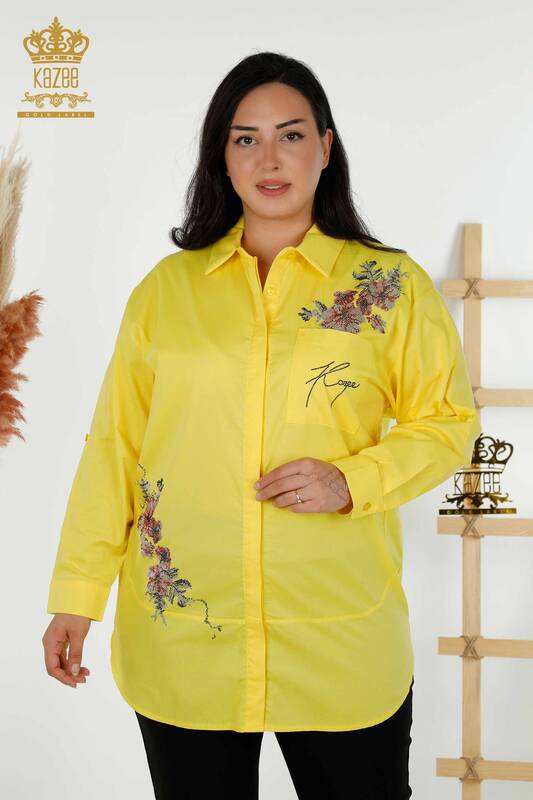 Großhandel Damen Hemd - Blumenmuster - Gelb - 20439 | KAZEE