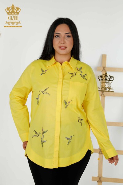Kazee - Großhandel Damen Hemd - Vogel Muster - Gelb - 20129 | KAZEE