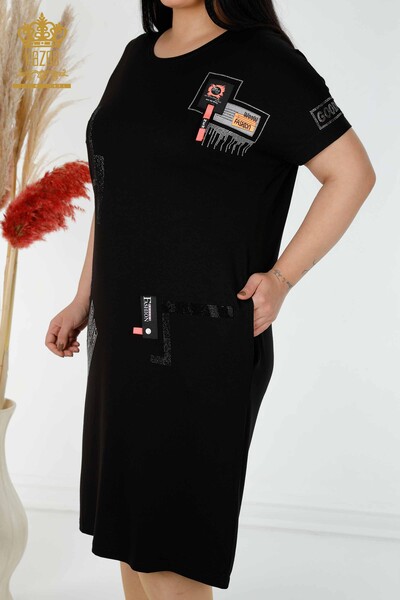 Kazee - Großhandel Damenkleid gemustert schwarz mit Tasche - 7744 | KAZEE (1)