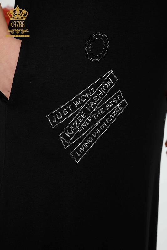 Großhandel Damenkleid gemustert schwarz mit Tasche - 7744 | KAZEE