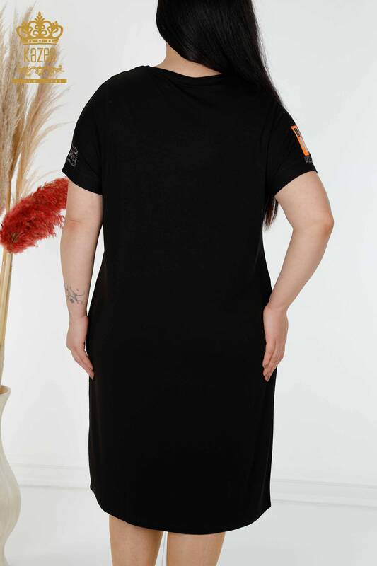 Großhandel Damenkleid gemustert schwarz mit Tasche - 7744 | KAZEE