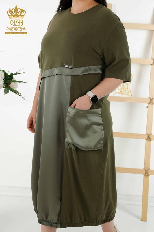 Großhandel Damenkleid - Leder detailliert - Taschen - Khaki - 20323 | KAZEE