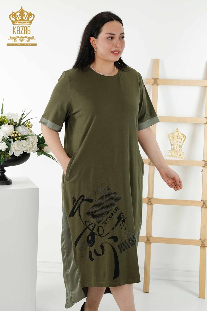 Großhandel Damenkleid - Leder detailliert - Taschen - Khaki - 20366 | KAZEE - 1