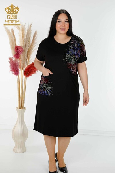 Kazee - Großhandel Damenkleid mit Tasche Stein bestickt schwarz - 7743 | KAZEE