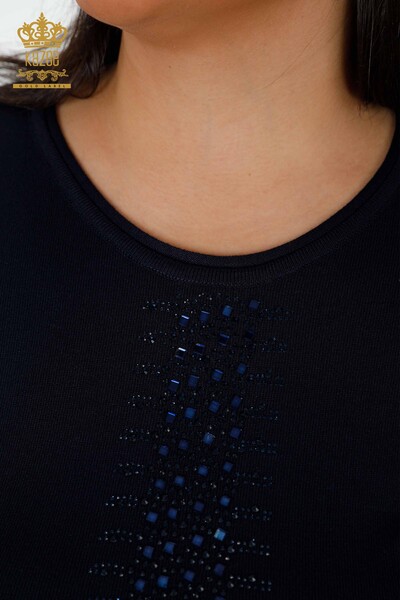 Großhandel Damenpullover - Streifen Stein bestickt - Marineblau - 14788 | KAZEE - Thumbnail