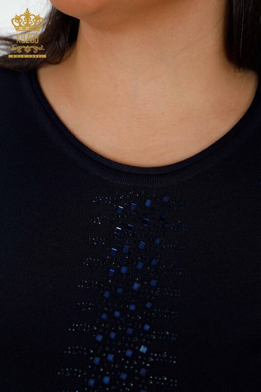 Großhandel Damenpullover - Streifen Stein bestickt - Marineblau - 14788 | KAZEE