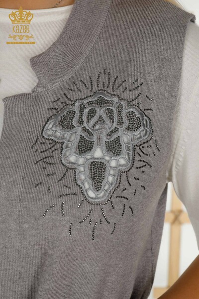 Großhandel Damen Weste - Stein bestickt - Grau - 16830 | KAZEE - 4