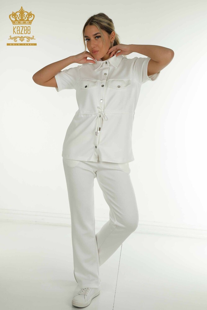 Großhandel Dreier-Trainingsanzug-Set für Damen im - Knopf detail - Ecru - 17633 | KAZEE - 1