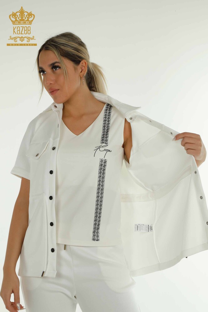 Großhandel Dreier-Trainingsanzug-Set für Damen im - Knopf detail - Ecru - 17633 | KAZEE - 2