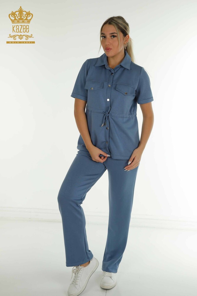 Großhandel Dreier-Trainingsanzug-Set Damen - Knopf detail - Indigo - 17633 | KAZEE - 1