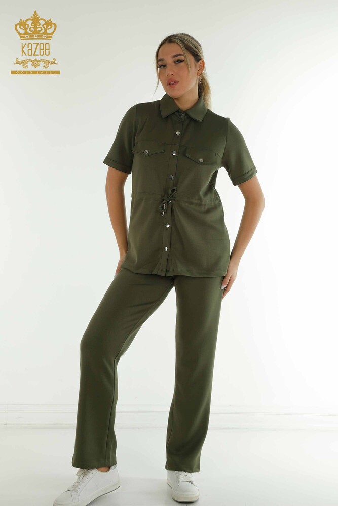 Großhandel Dreier-Trainingsanzug-Set Damen im - Knopf detail - Khaki - 17633 | KAZEE - 1
