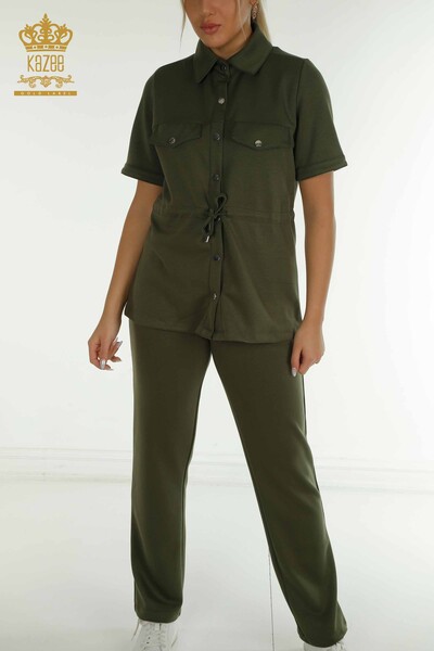 Großhandel Dreier-Trainingsanzug-Set Damen im - Knopf detail - Khaki - 17633 | KAZEE - 4
