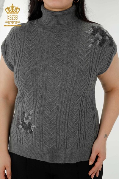 Großhandel Damen Ärmelloser Pullover Blumenmuster Anthrazit - 30179 | KAZEE - Kazee (1)