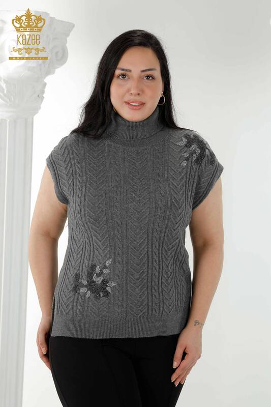 Großhandel Damen Ärmelloser Pullover Blumenmuster Anthrazit - 30179 | KAZEE