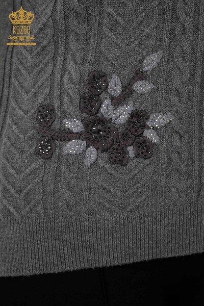Großhandel Damen Ärmelloser Pullover Blumenmuster Anthrazit - 30179 | KAZEE - Thumbnail