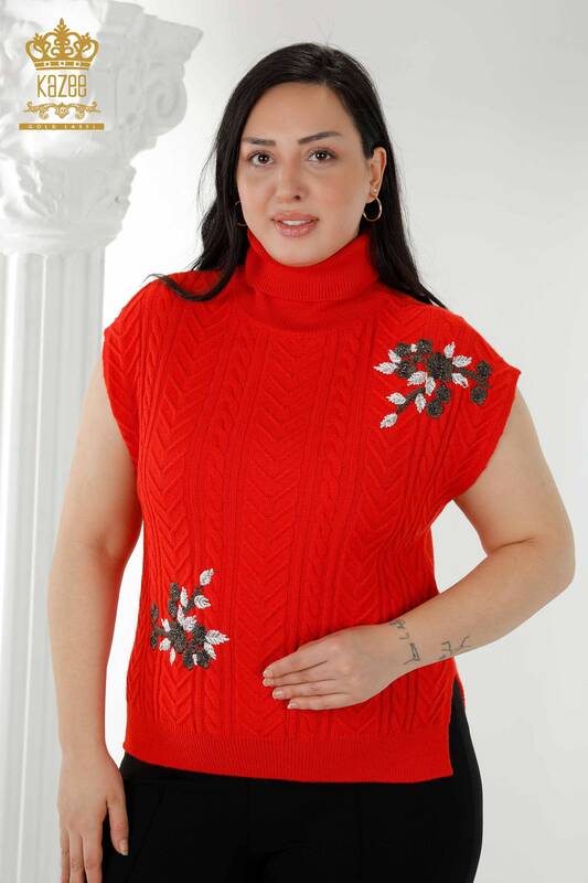 Großhandel Damen Ärmelloser Pullover Blumenmuster Koralle - 30179 | KAZEE
