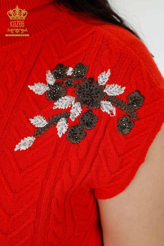 Großhandel Damen Ärmelloser Pullover Blumenmuster Koralle - 30179 | KAZEE