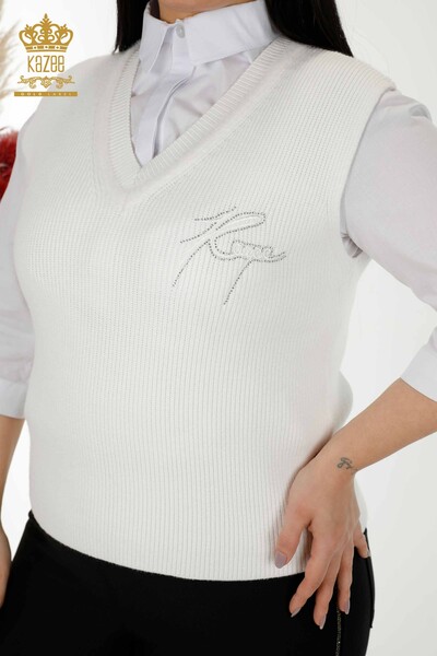 Großhandel Damen Ärmelloser Pullover Kristall Stein Gestickt -Ecru - 30170 | KAZEE - Kazee (1)