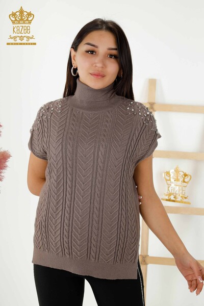 Kazee - Großhandel Ärmelloser Pullover für Damen Kristall Stein Bestickt - Nerz - 30242 | KAZEE