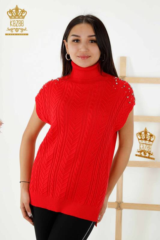 Großhandel Ärmelloser Pullover für Damen - Kristall Stein bestickt - Rot - 30242 | KAZEE