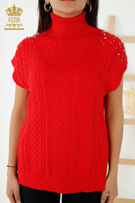 Großhandel Ärmelloser Pullover für Damen - Kristall Stein bestickt - Rot - 30242 | KAZEE