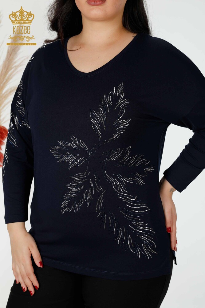Großhandel Damen Bluse mit Blattmuster Marineblau-77970 / KAZEE - 2