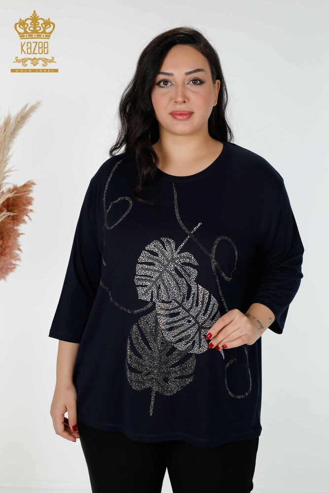 Großhandel Damen Bluse mit Blattmuster Marineblau-78946 / KAZEE - 1