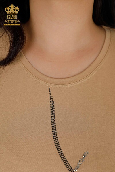 Großhandel Frauen Bluse Blatt Muster beige-78946 / KAZEE - Thumbnail