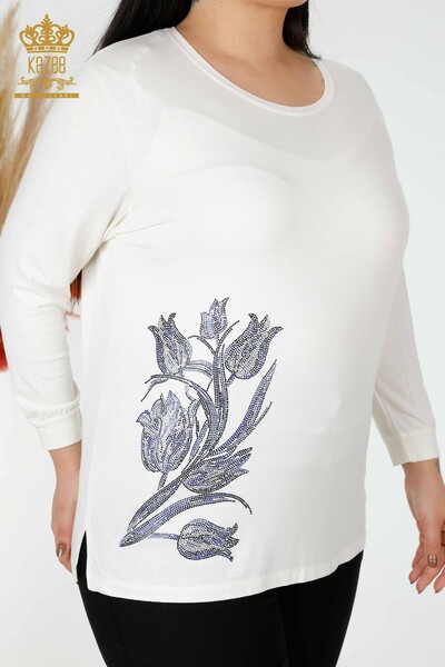 Großhandel Frauen Bluse mit Blumenmuster Ecru-77908 / KAZEE - Thumbnail