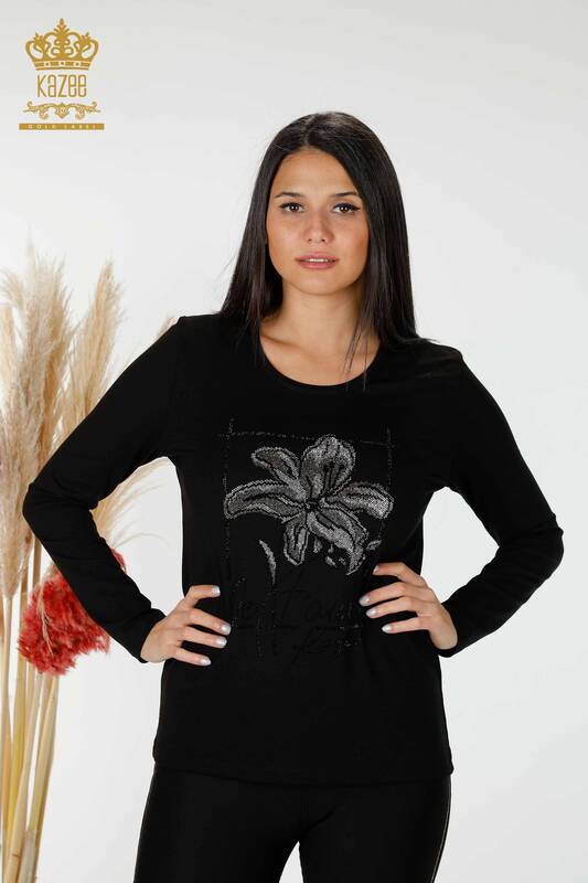 Großhandel Frauen Bluse mit Blumenmuster schwarz-79014 / KAZEE