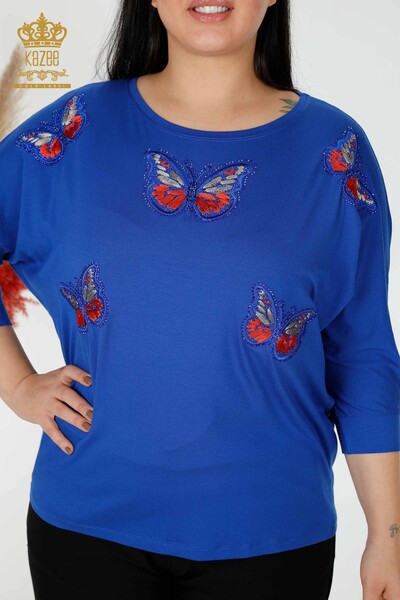 Großhandel Frauen Bluse Dunkelblau mit bunten Schmetterling Muster-77901 / KAZEE - Thumbnail