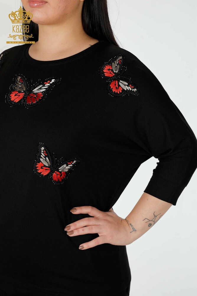 Großhandel Frauen Bluse Schwarz mit bunten Schmetterling Muster-77901 / KAZEE - 4