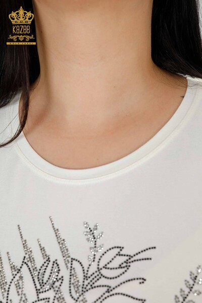 Großhandel Frauen Bluse Kristall Stein bestickt Ecru-78944 / KAZEE - 5