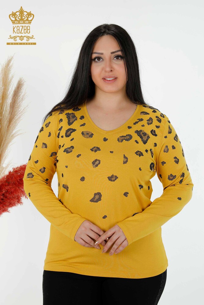 Großhandel Frauen Bluse Leopard Stein bestickt Safran-79047 / KAZEE - 1