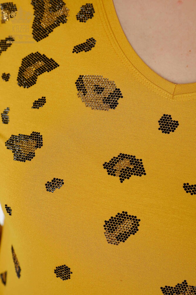 Großhandel Frauen Bluse Leopard Stein bestickt Safran-79047 / KAZEE - 5