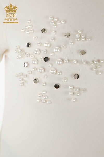 Großhandel Damenbluse - Perlen stickerei - Ecru - 79201 | KAZEE - Thumbnail