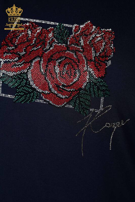 Großhandel Damen Bluse mit Rosenmuster Marineblau-78951 / KAZEE