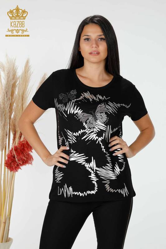 Großhandel Frauen Bluse mit Schmetterling Muster Schwarz-78926 / KAZEE