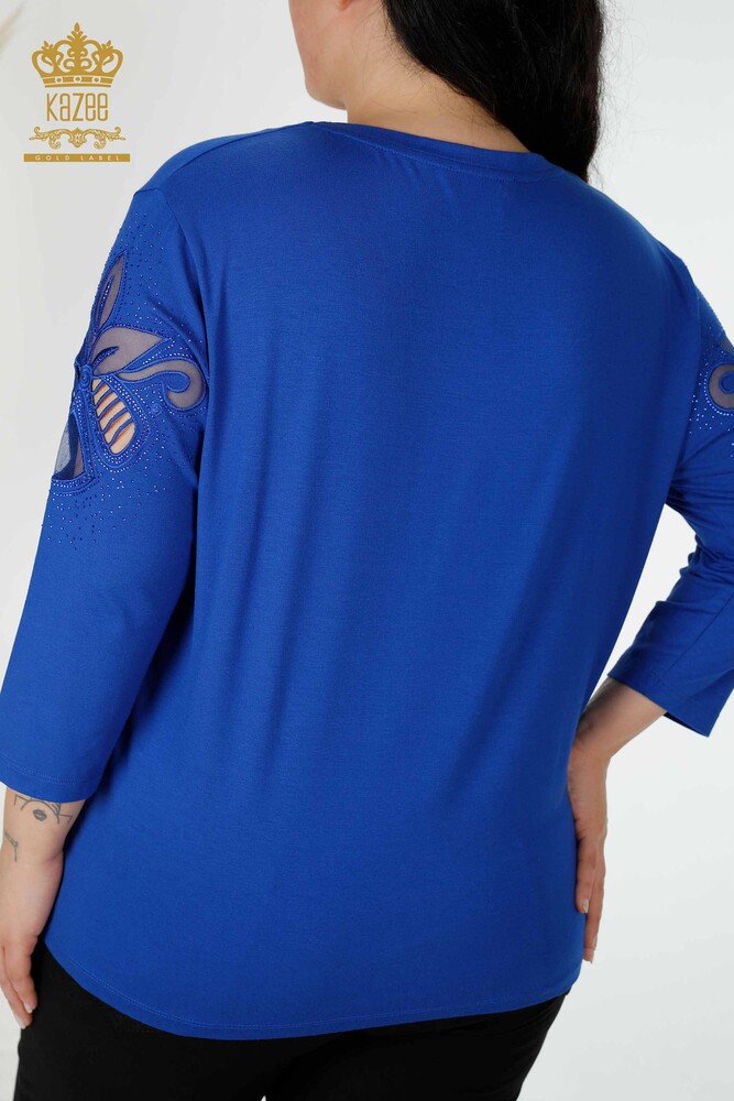 Großhandel Damenbluse Stone Gestickter V-Ausschnitt Saks - 77927 | KAZEE - 7