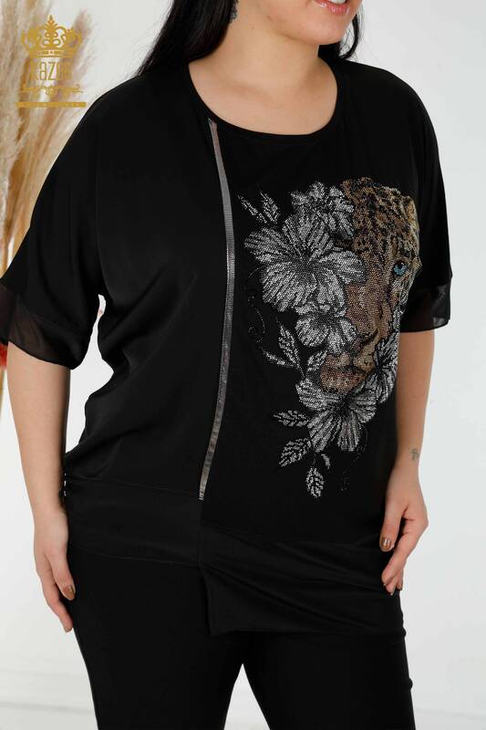Großhandel Frauen Bluse Schwarz mit Tiger Blumenmuster-79029 / KAZEE