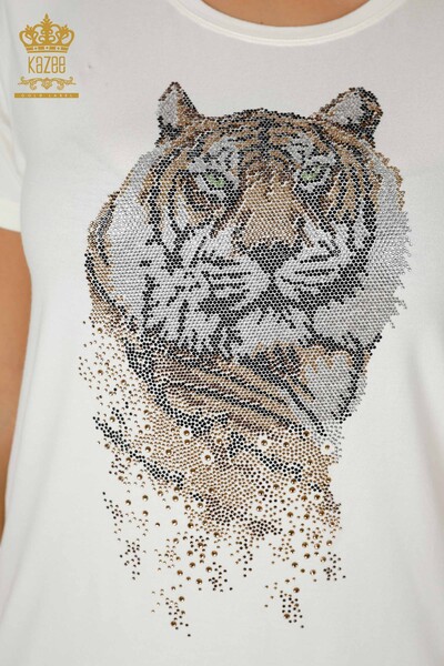 Großhandel Frauen Bluse mit Tiger Muster Ecru-78928 / KAZEE - Thumbnail